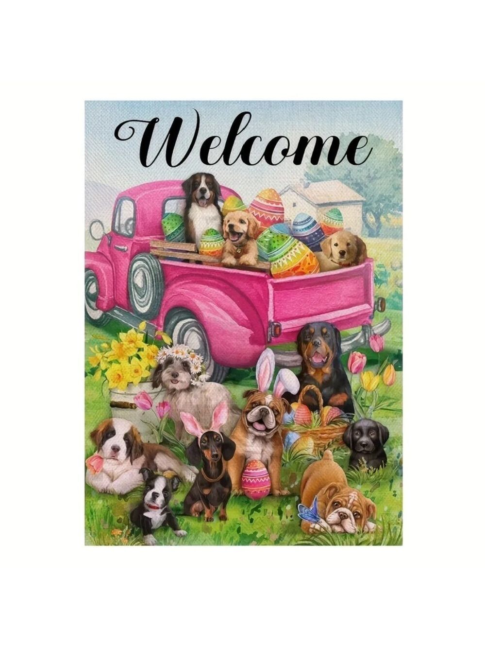Pink Easter Truck Dog Garden Flag, Double Sided 12X18 Inch